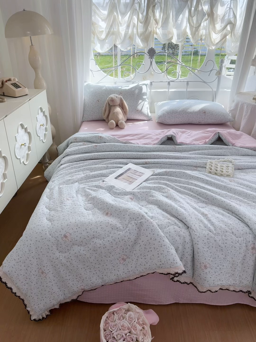 91家纺网 家纺一手货源 找家纺 眠势力 2026新款泡芙纱夏被四件套全棉花边空调被夏凉被薄被子 兔小妹