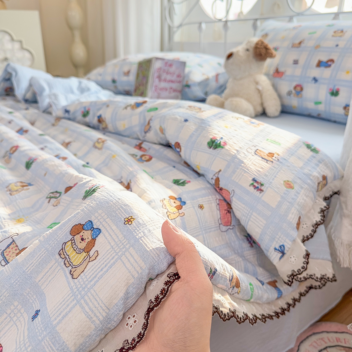 91家纺网 家纺一手货源 找家纺 眠势力 2026新款泡芙纱夏被四件套全棉花边空调被夏凉被薄被子 汪汪队