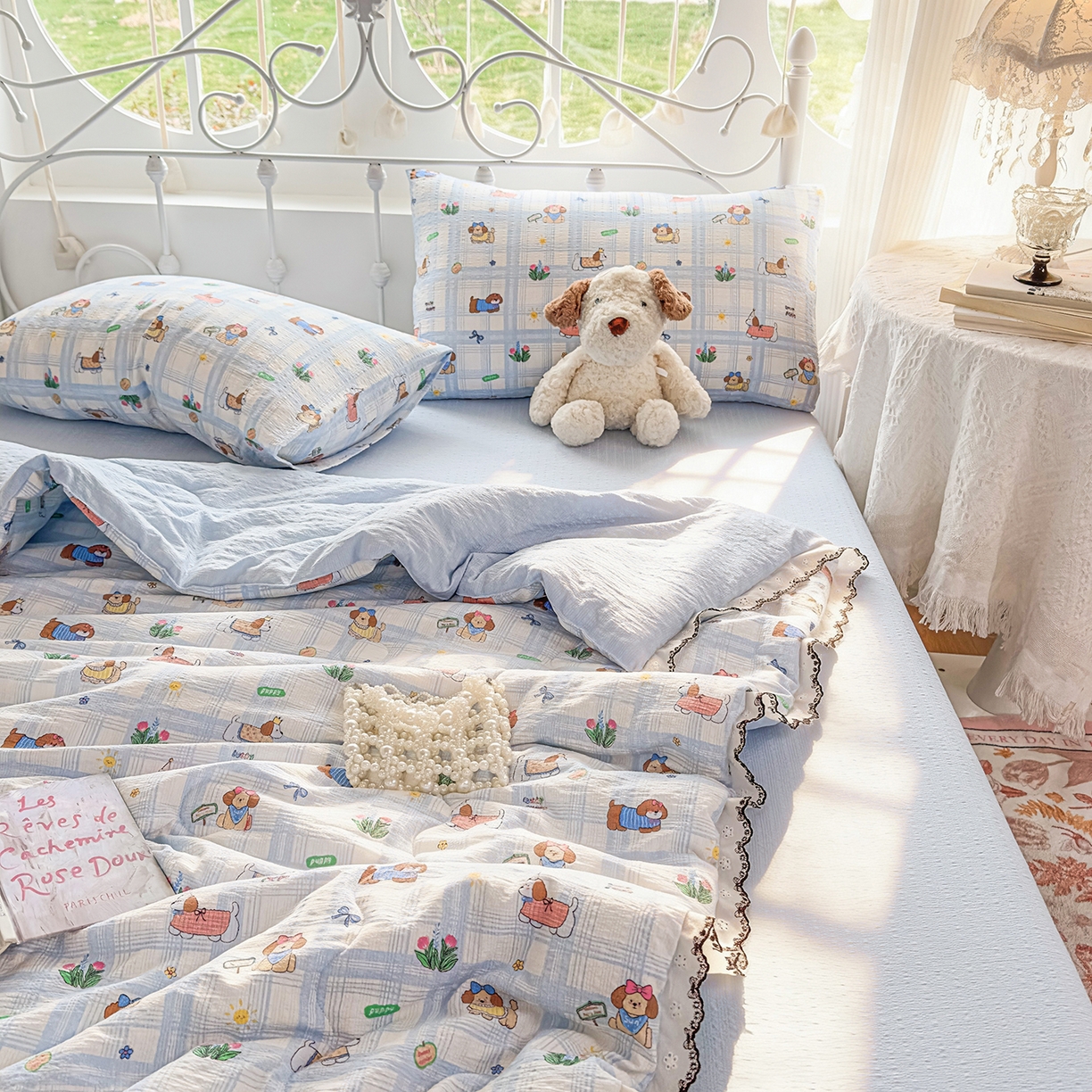 91家纺网 家纺一手货源 找家纺 眠势力 2026新款泡芙纱夏被四件套全棉花边空调被夏凉被薄被子 汪汪队