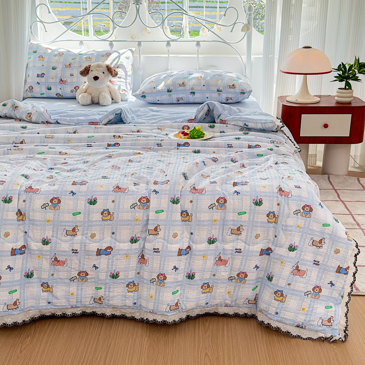 91家纺网 家纺一手货源 找家纺 眠势力 2026新款泡芙纱夏被四件套全棉花边空调被夏凉被薄被子 汪汪队