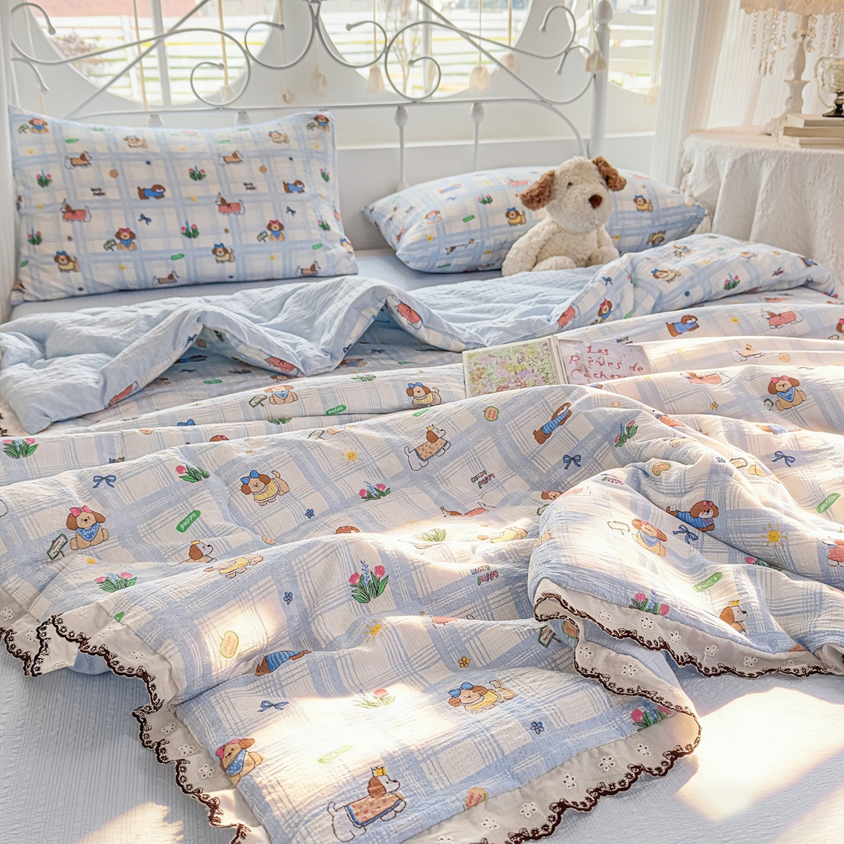 91家纺网 家纺一手货源 找家纺 眠势力 2026新款泡芙纱夏被四件套全棉花边空调被夏凉被薄被子 汪汪队