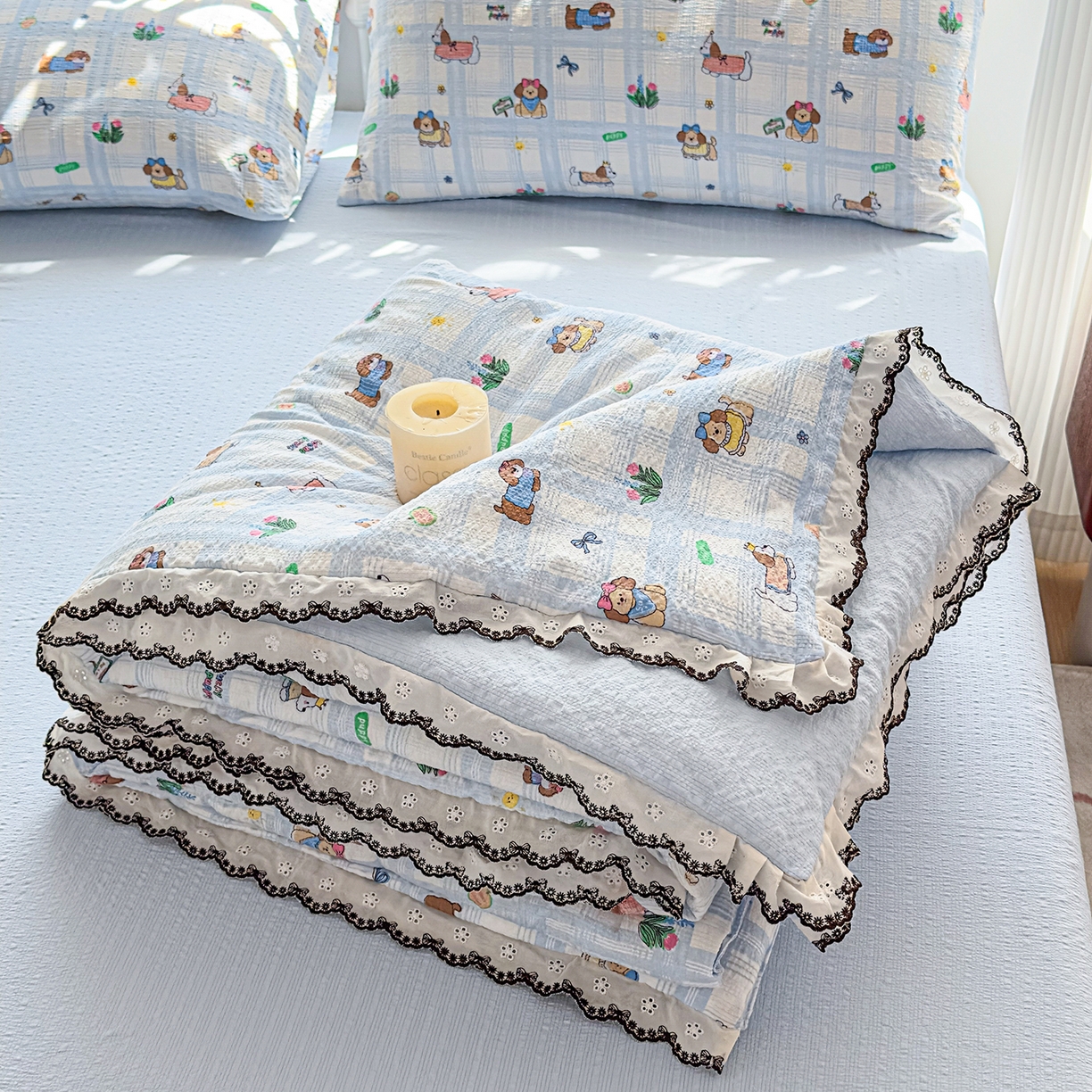 91家纺网 家纺一手货源 找家纺 眠势力 2026新款泡芙纱夏被四件套全棉花边空调被夏凉被薄被子 汪汪队