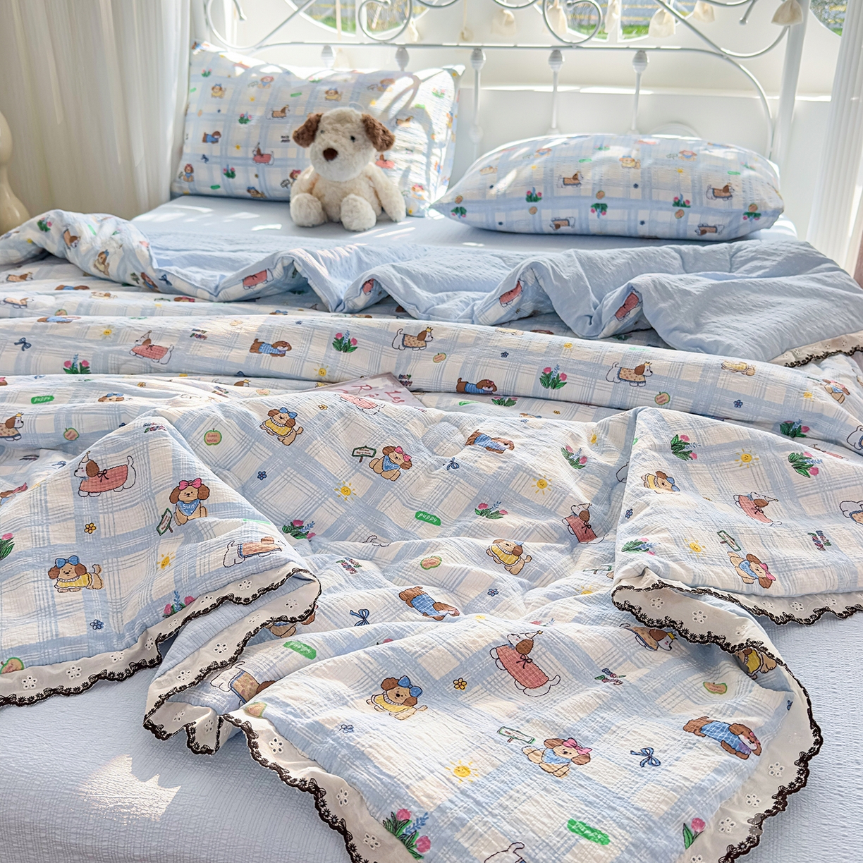 91家纺网 家纺一手货源 找家纺 眠势力 2026新款泡芙纱夏被四件套全棉花边空调被夏凉被薄被子 汪汪队