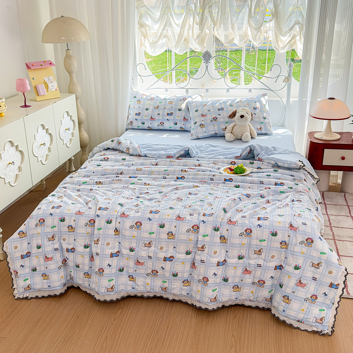 91家纺网 家纺一手货源 找家纺 眠势力 2026新款泡芙纱夏被四件套全棉花边空调被夏凉被薄被子 汪汪队