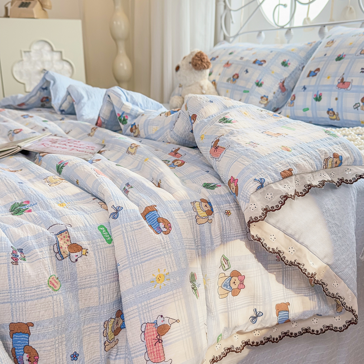 91家纺网 家纺一手货源 找家纺 眠势力 2026新款泡芙纱夏被四件套全棉花边空调被夏凉被薄被子 汪汪队