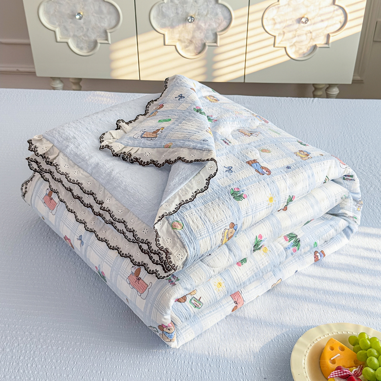 91家纺网 家纺一手货源 找家纺 眠势力 2026新款泡芙纱夏被四件套全棉花边空调被夏凉被薄被子 汪汪队