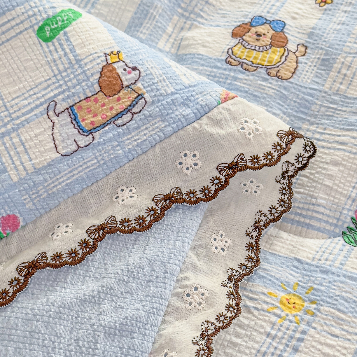 91家纺网 家纺一手货源 找家纺 眠势力 2026新款泡芙纱夏被四件套全棉花边空调被夏凉被薄被子 汪汪队