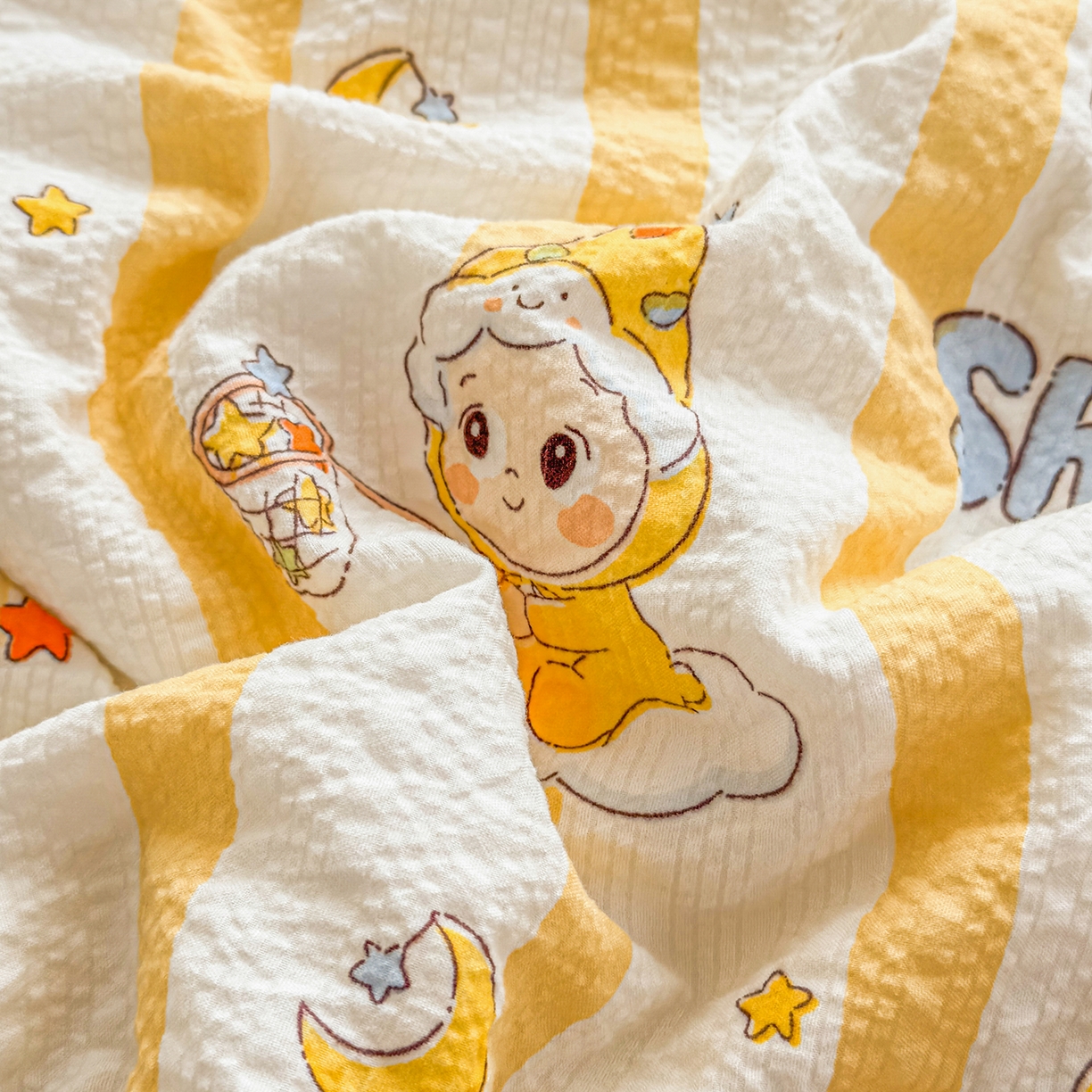 91家纺网 家纺一手货源 找家纺 眠势力 2026新款泡芙纱夏被四件套全棉花边空调被夏凉被薄被子 星星人