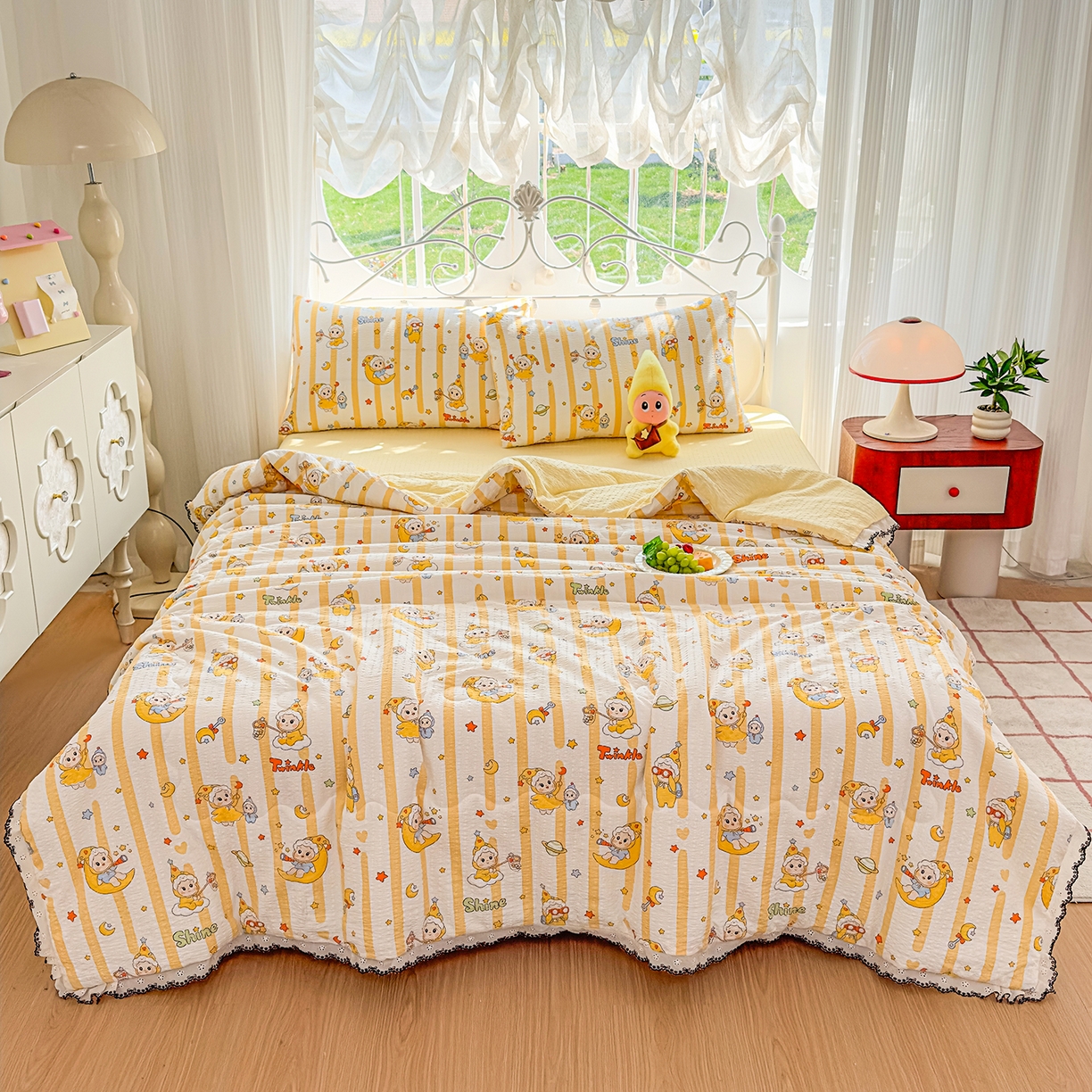 91家纺网 家纺一手货源 找家纺 眠势力 2026新款泡芙纱夏被四件套全棉花边空调被夏凉被薄被子 星星人