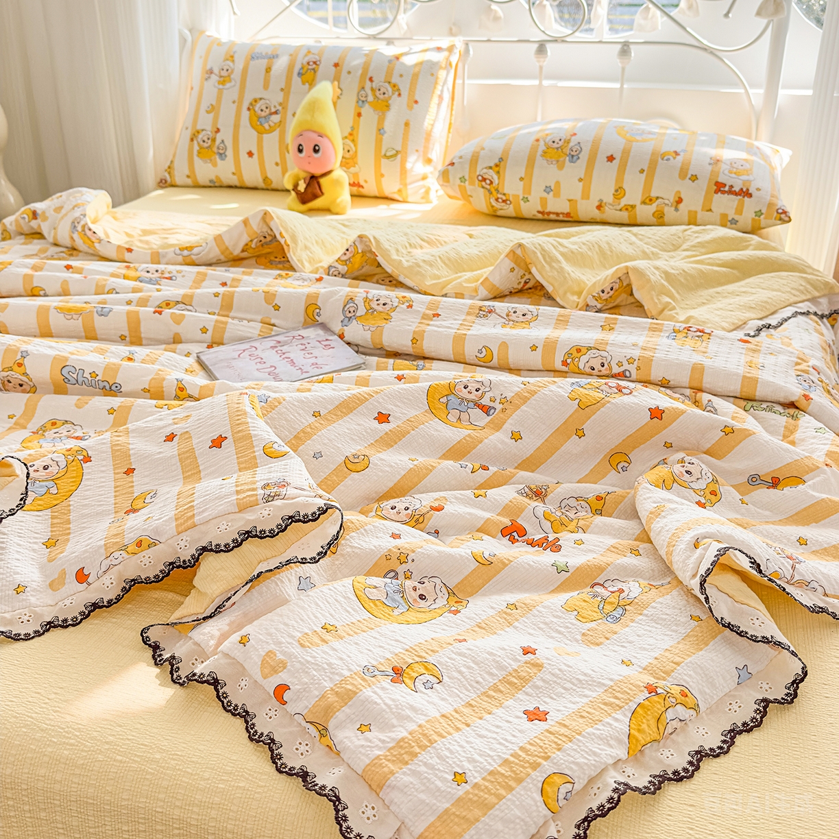 91家纺网 家纺一手货源 找家纺 眠势力 2026新款泡芙纱夏被四件套全棉花边空调被夏凉被薄被子 星星人