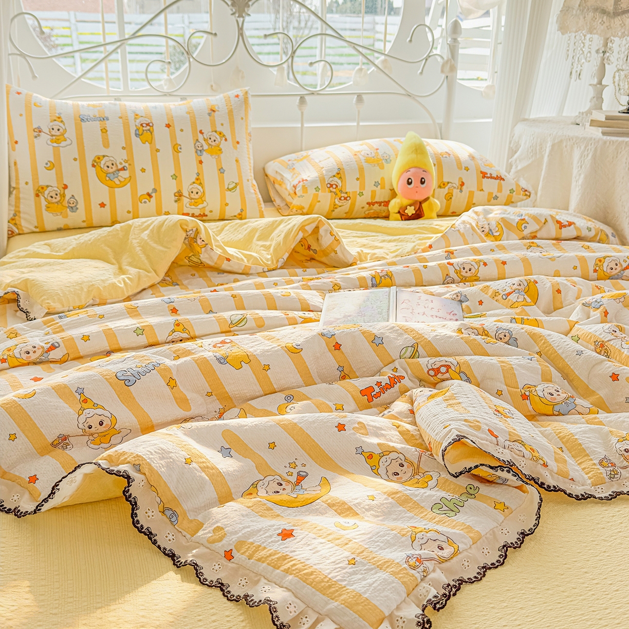 91家纺网 家纺一手货源 找家纺 眠势力 2026新款泡芙纱夏被四件套全棉花边空调被夏凉被薄被子 星星人