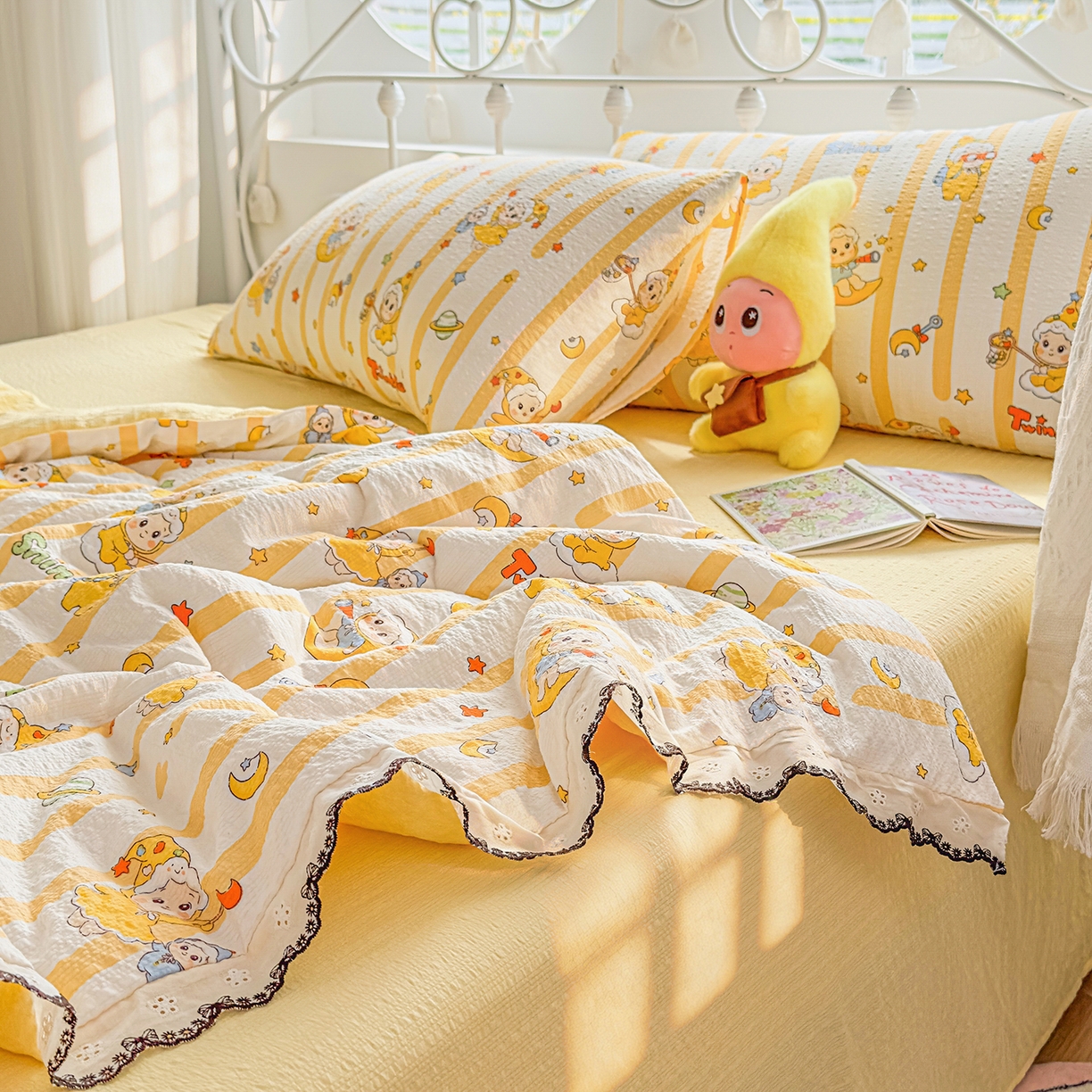 91家纺网 家纺一手货源 找家纺 眠势力 2026新款泡芙纱夏被四件套全棉花边空调被夏凉被薄被子 星星人