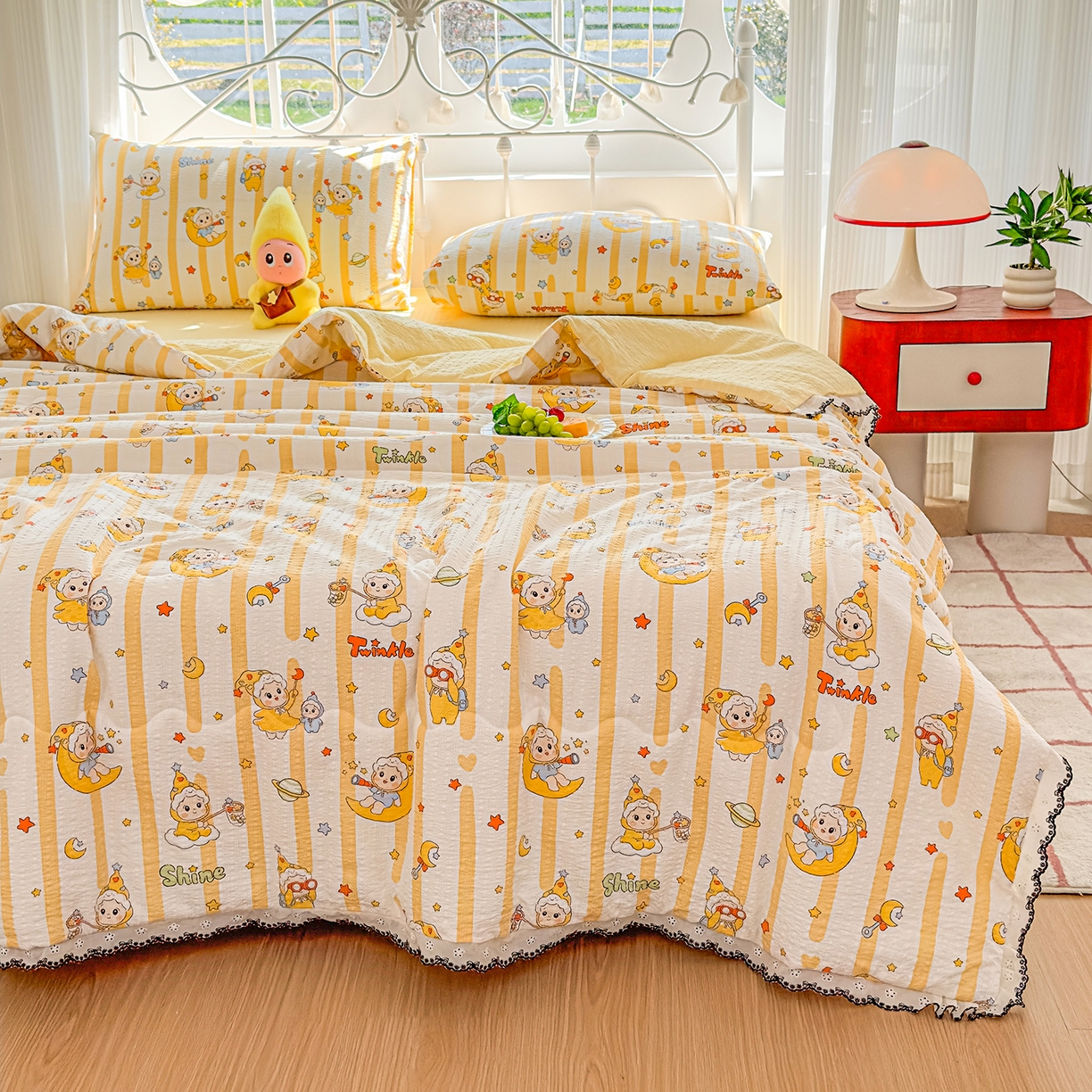 91家纺网 家纺一手货源 找家纺 眠势力 2026新款泡芙纱夏被四件套全棉花边空调被夏凉被薄被子 星星人