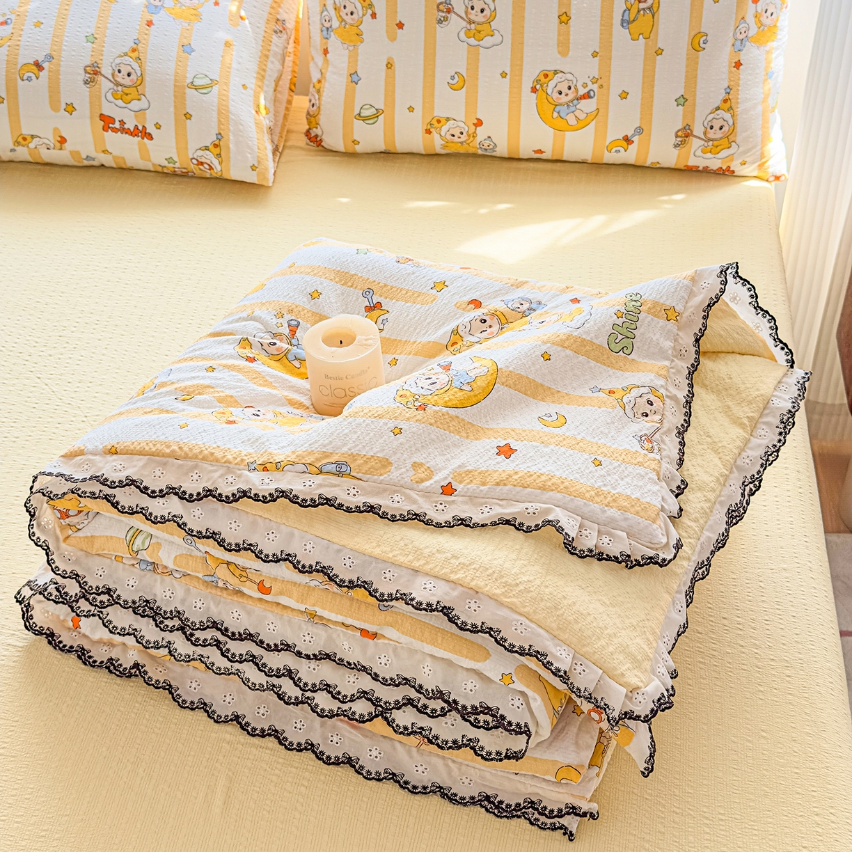 91家纺网 家纺一手货源 找家纺 眠势力 2026新款泡芙纱夏被四件套全棉花边空调被夏凉被薄被子 星星人