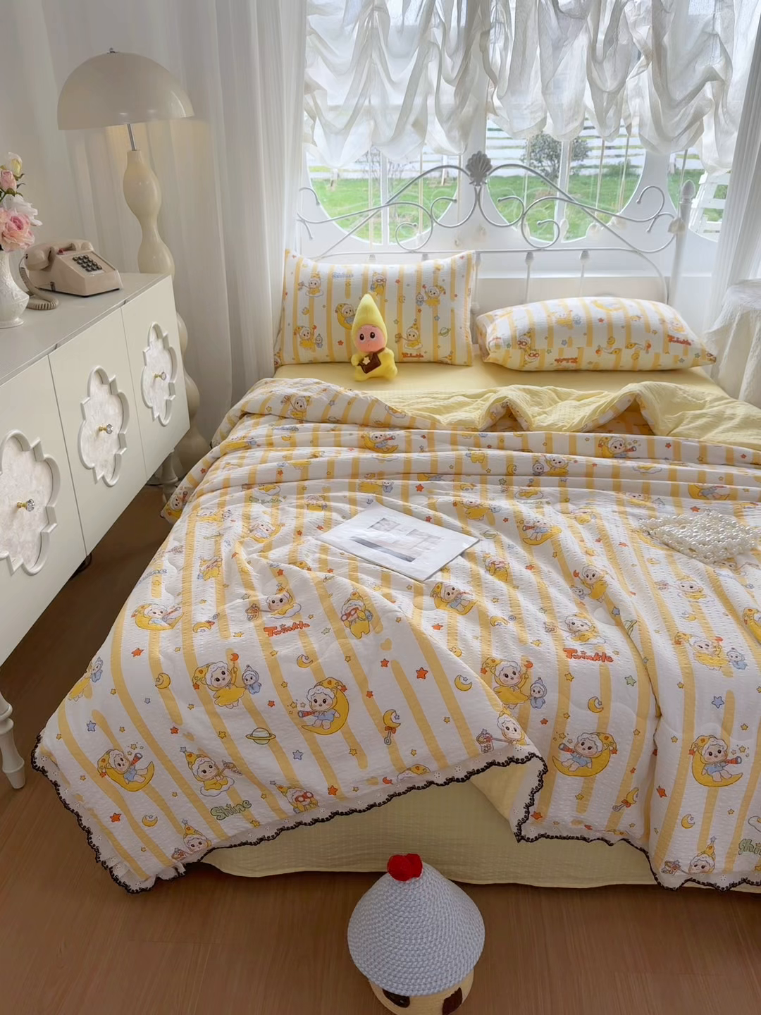 91家纺网 家纺一手货源 找家纺 眠势力 2026新款泡芙纱夏被四件套全棉花边空调被夏凉被薄被子 星星人