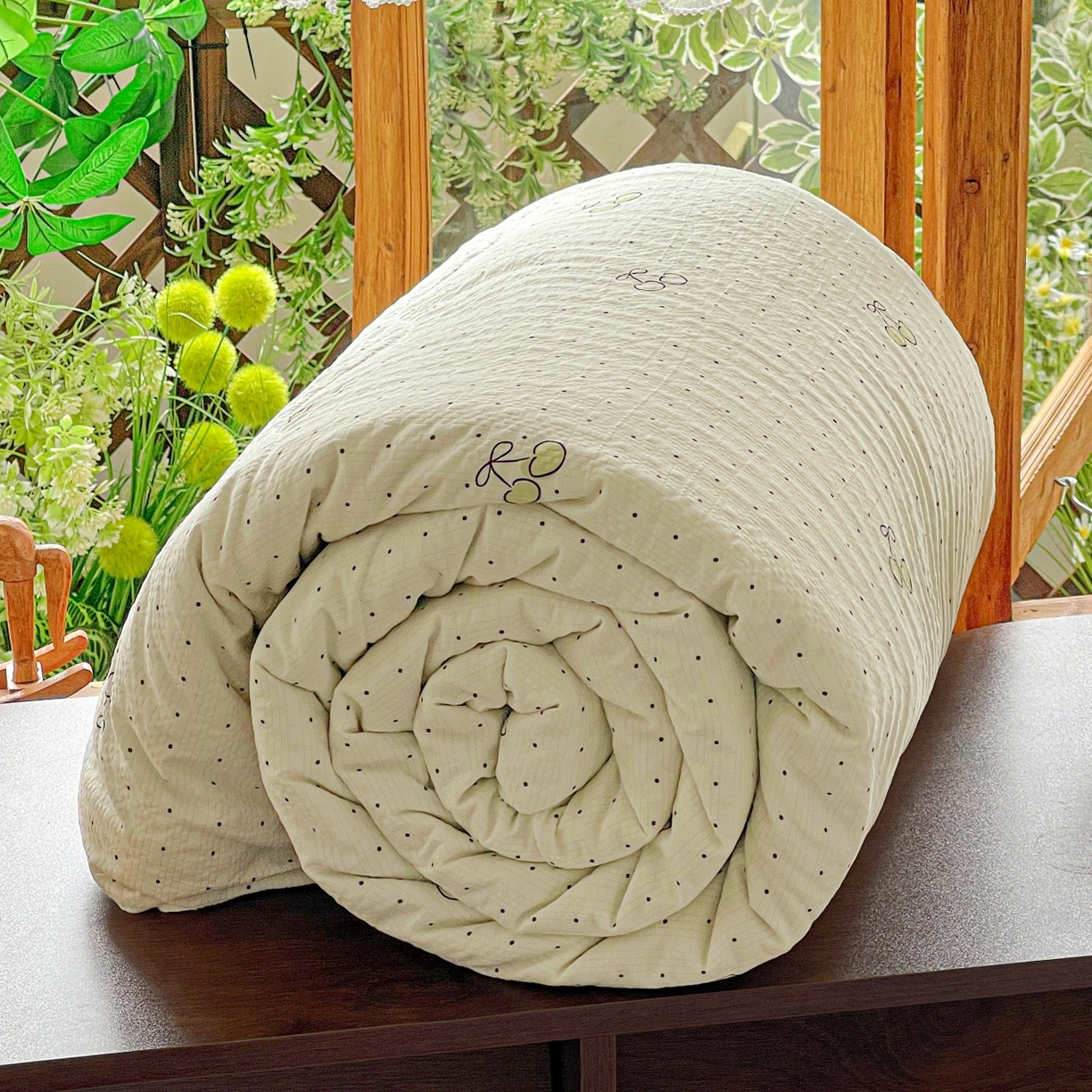 91家纺网 家纺一手货源 找家纺 一比一家纺 2026新款泡芙纱简款夏被四件套 樱桃波点