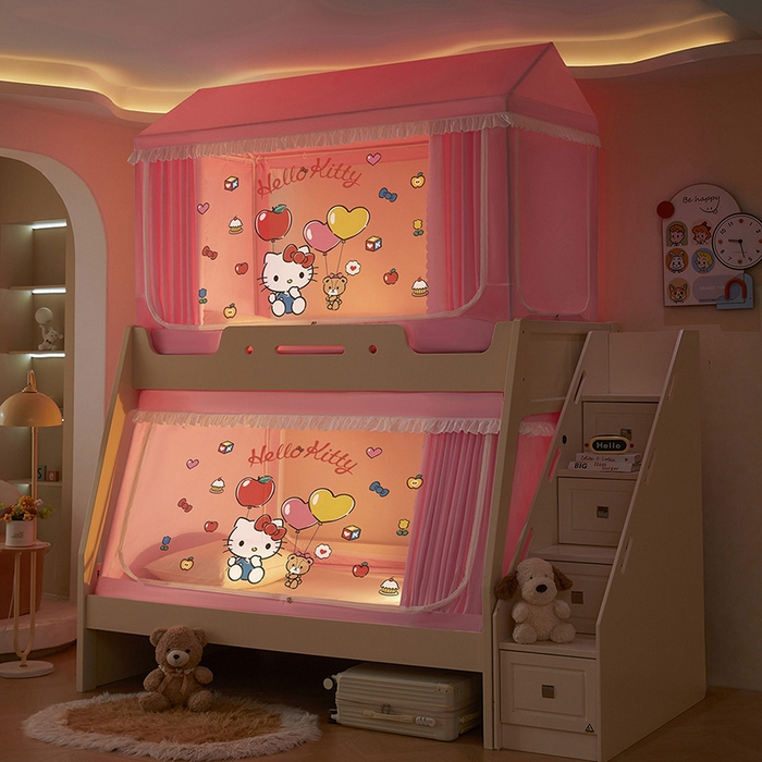 91家纺网 家纺一手货源 找家纺 安金蚊帐 2026新款子母印花房顶蚊帐 铁艺宽高伸缩支架 KT猫