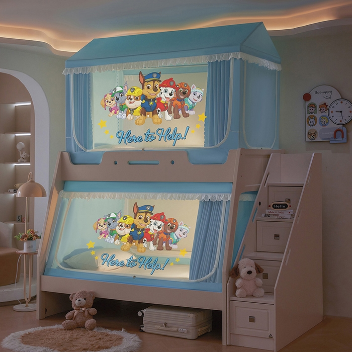 91家纺网 家纺一手货源 找家纺 安金蚊帐 2026新款子母印花房顶蚊帐 铁艺宽高伸缩支架 汪汪队