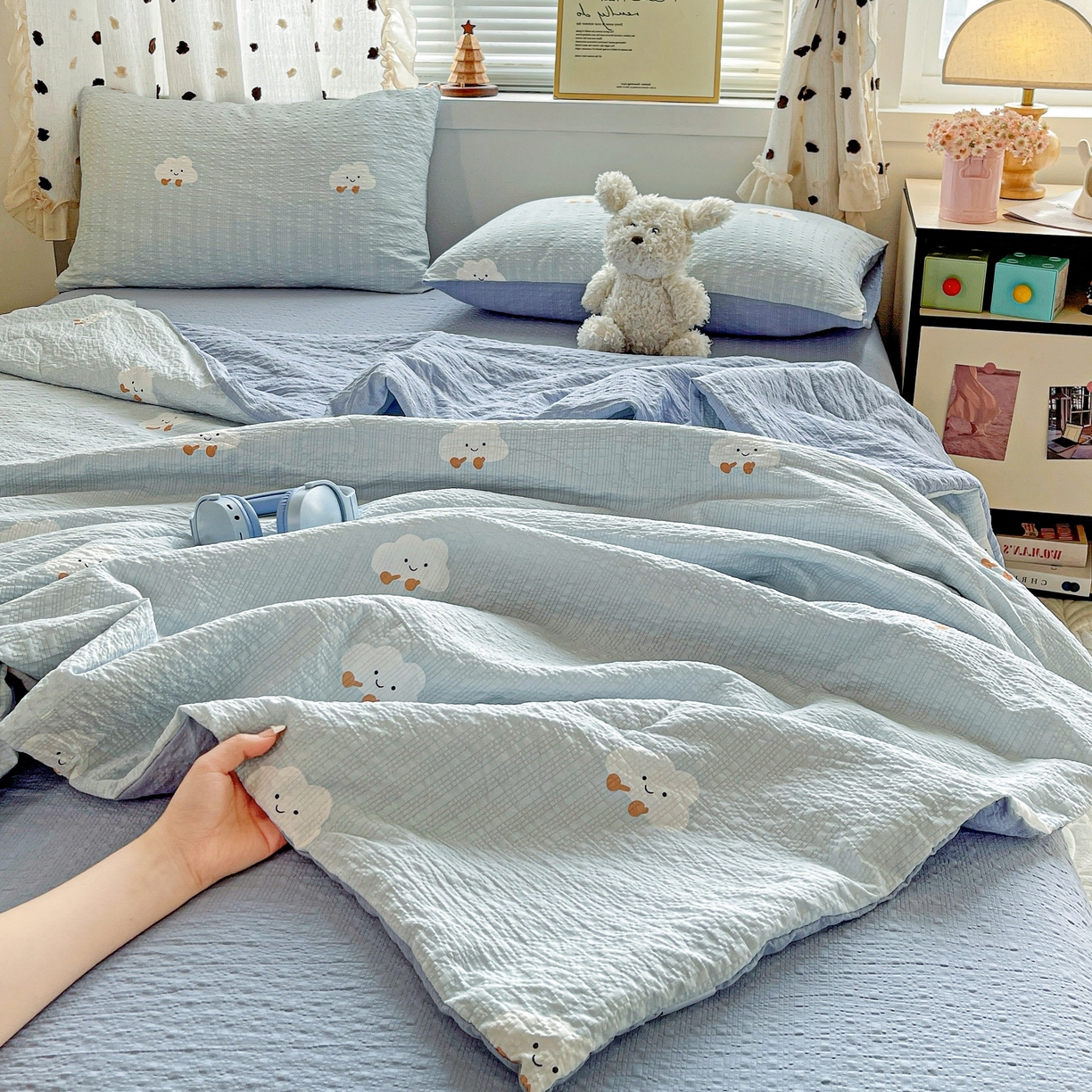 一比一家纺 2026新款泡芙纱简款夏被四件套 云朵泡芙