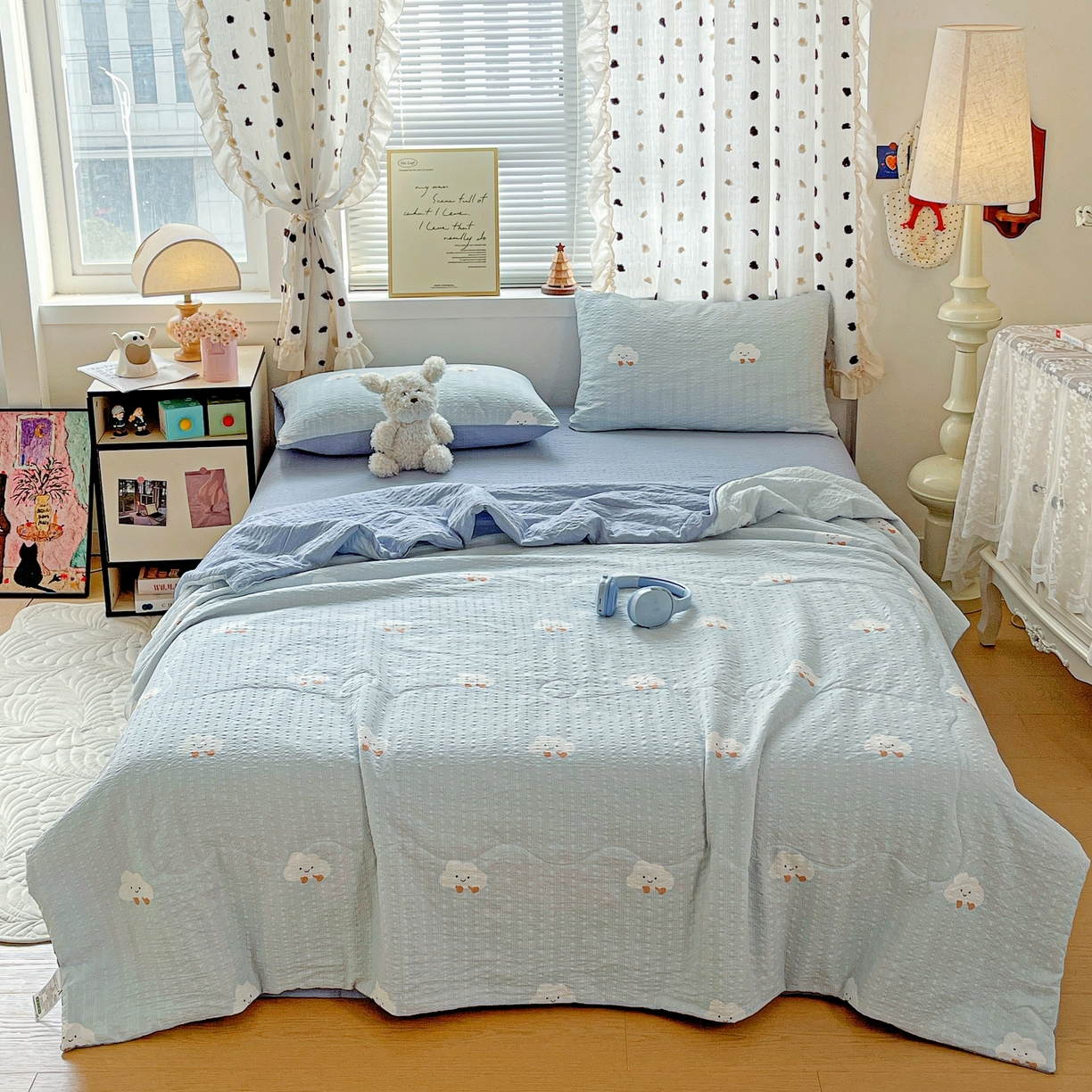 91家纺网 家纺一手货源 找家纺 一比一家纺 2026新款泡芙纱简款夏被四件套 云朵泡芙