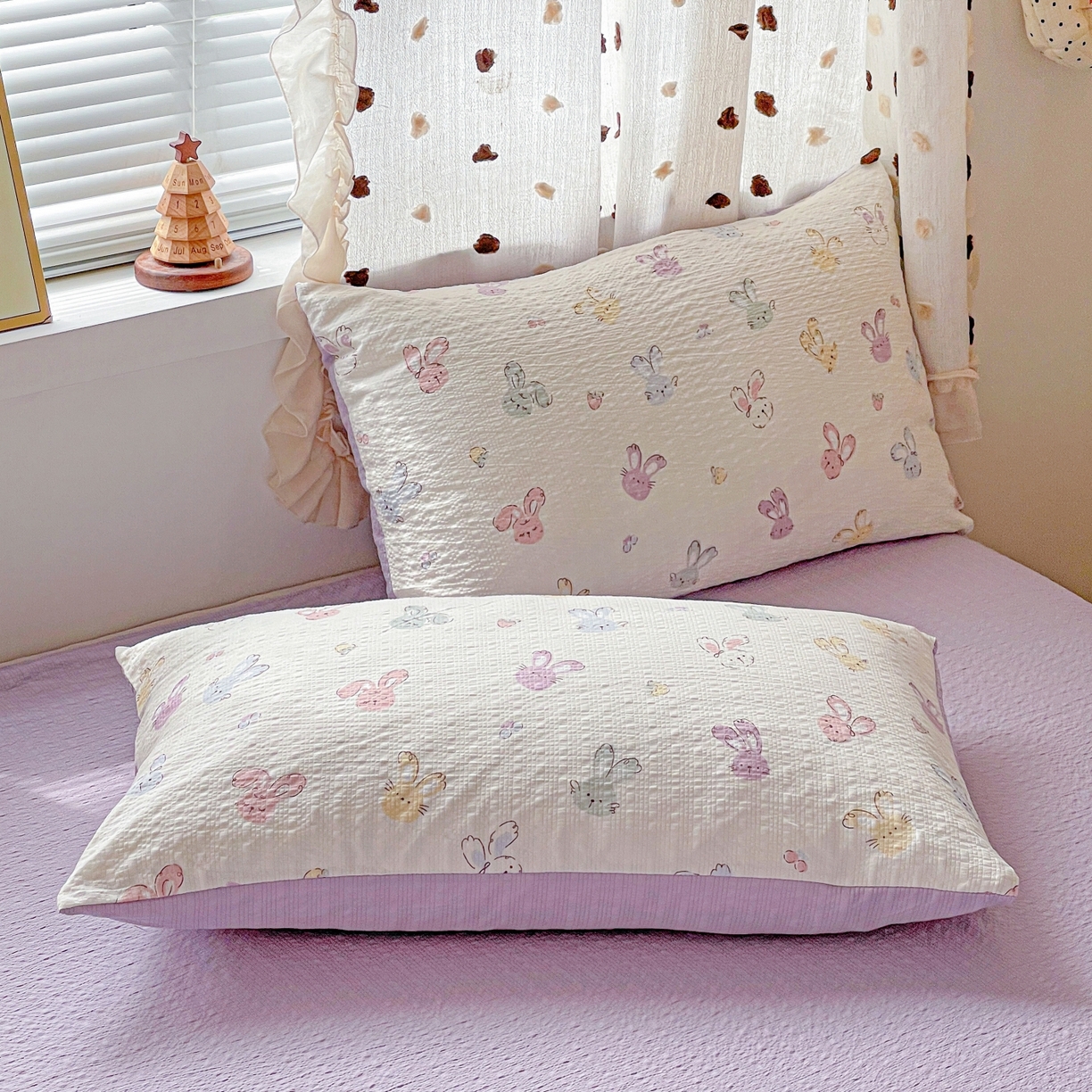 91家纺网 家纺一手货源 找家纺 一比一家纺 2026新款泡芙纱简款夏被四件套 长耳兔