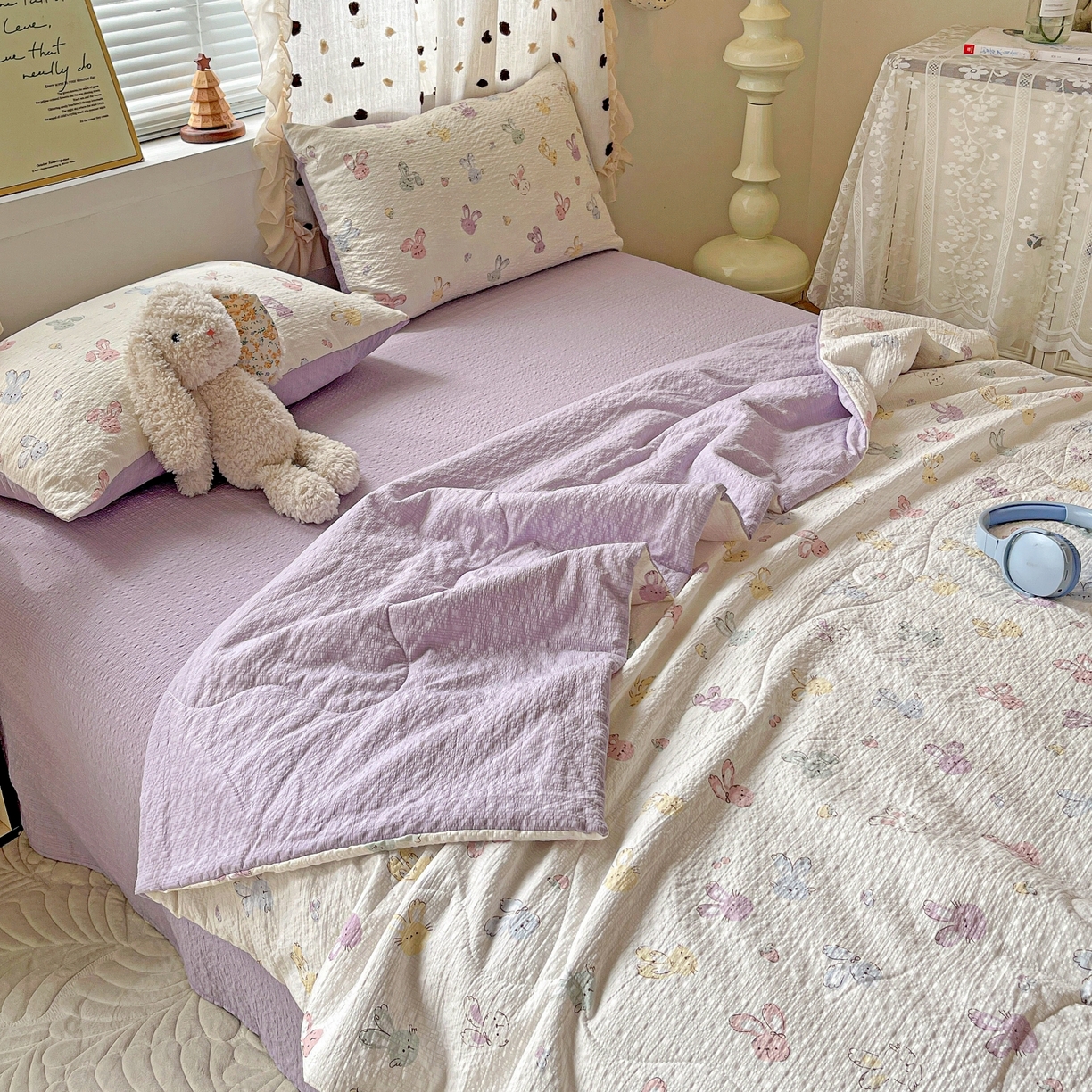 91家纺网 家纺一手货源 找家纺 一比一家纺 2026新款泡芙纱简款夏被四件套 长耳兔