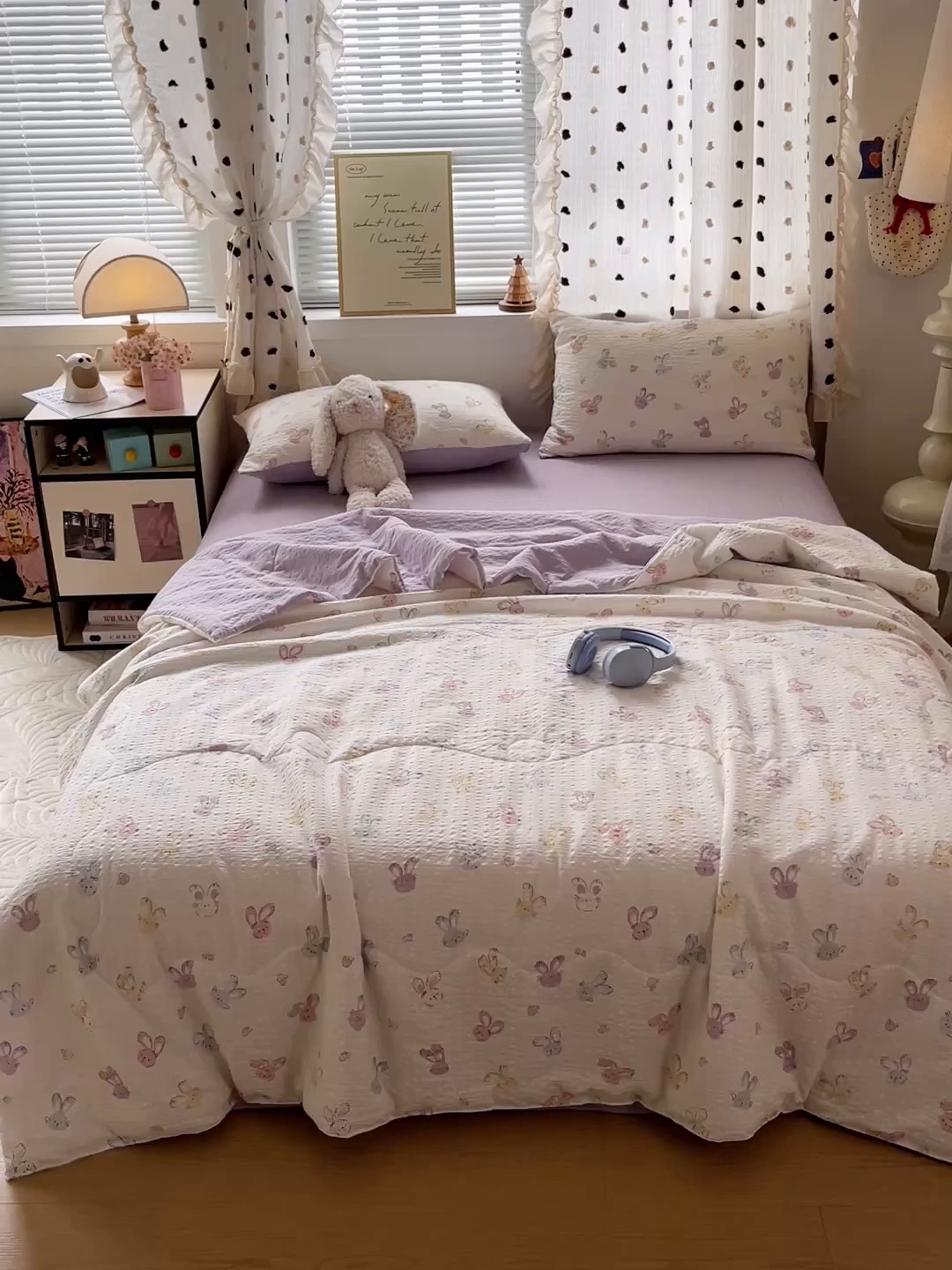 91家纺网 家纺一手货源 找家纺 一比一家纺 2026新款泡芙纱简款夏被四件套 长耳兔