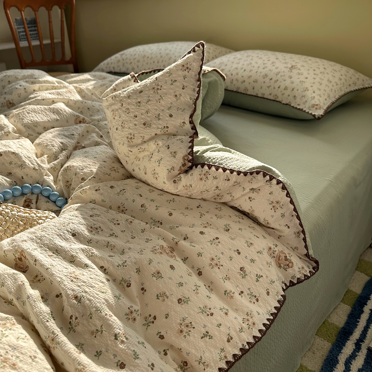 91家纺网 家纺一手货源 找家纺 （总）几禾 2026新款高品质A类110g泡芙纱甜栗贝壳边四件套