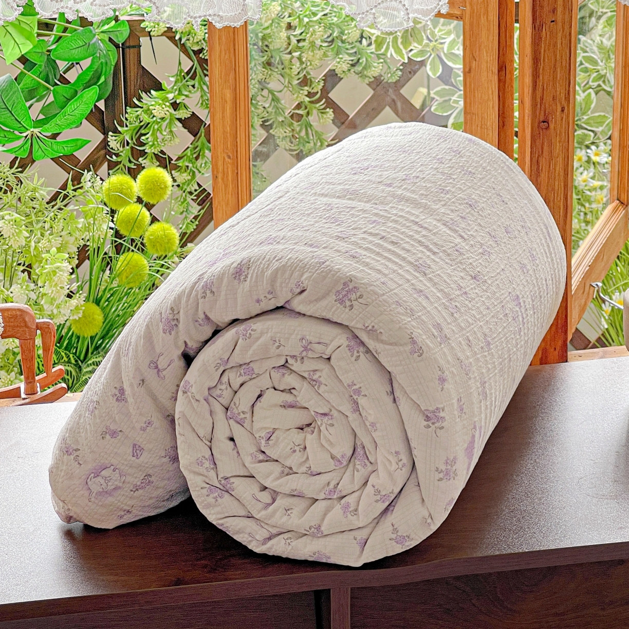 91家纺网 家纺一手货源 找家纺 一比一家纺 2026新款泡芙纱简款夏被四件套 紫色花语