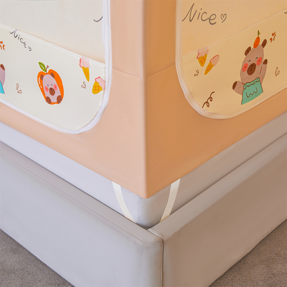 91家纺网 家纺一手货源 找家纺 迪凡保罗蚊帐 2026新款2606专版卡通回底全底AB版遮光帘坐床蚊帐 水豚派对-带床帘