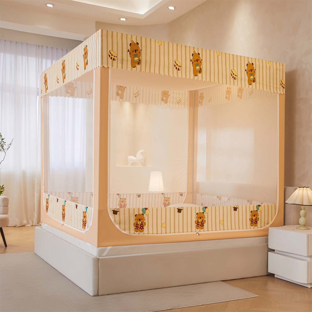 91家纺网 家纺一手货源 找家纺 迪凡保罗蚊帐 2026新款2606专版卡通回底全底AB版遮光帘坐床蚊帐 卡皮熊-无床帘