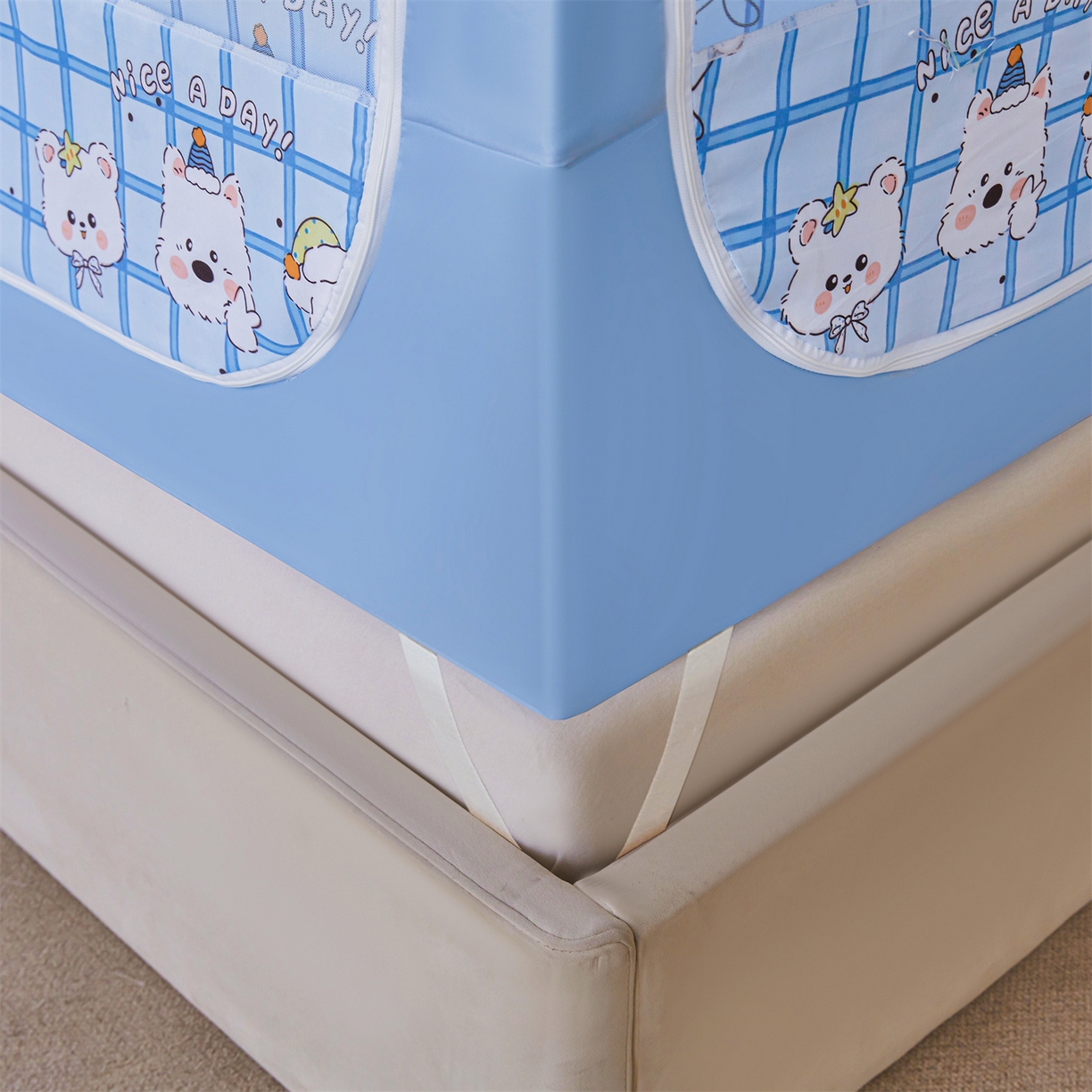 91家纺网 家纺一手货源 找家纺 迪凡保罗蚊帐 2026新款2606专版卡通回底全底AB版遮光帘坐床蚊帐 萌趣多多-带床帘