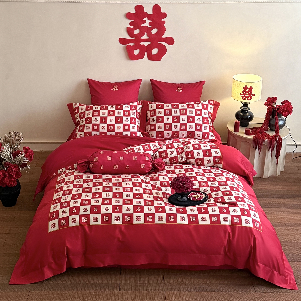 91家纺网 家纺一手货源 找家纺 江涞 2025新款长绒棉纯棉镂空刺绣四件套-欢喜 欢喜-红