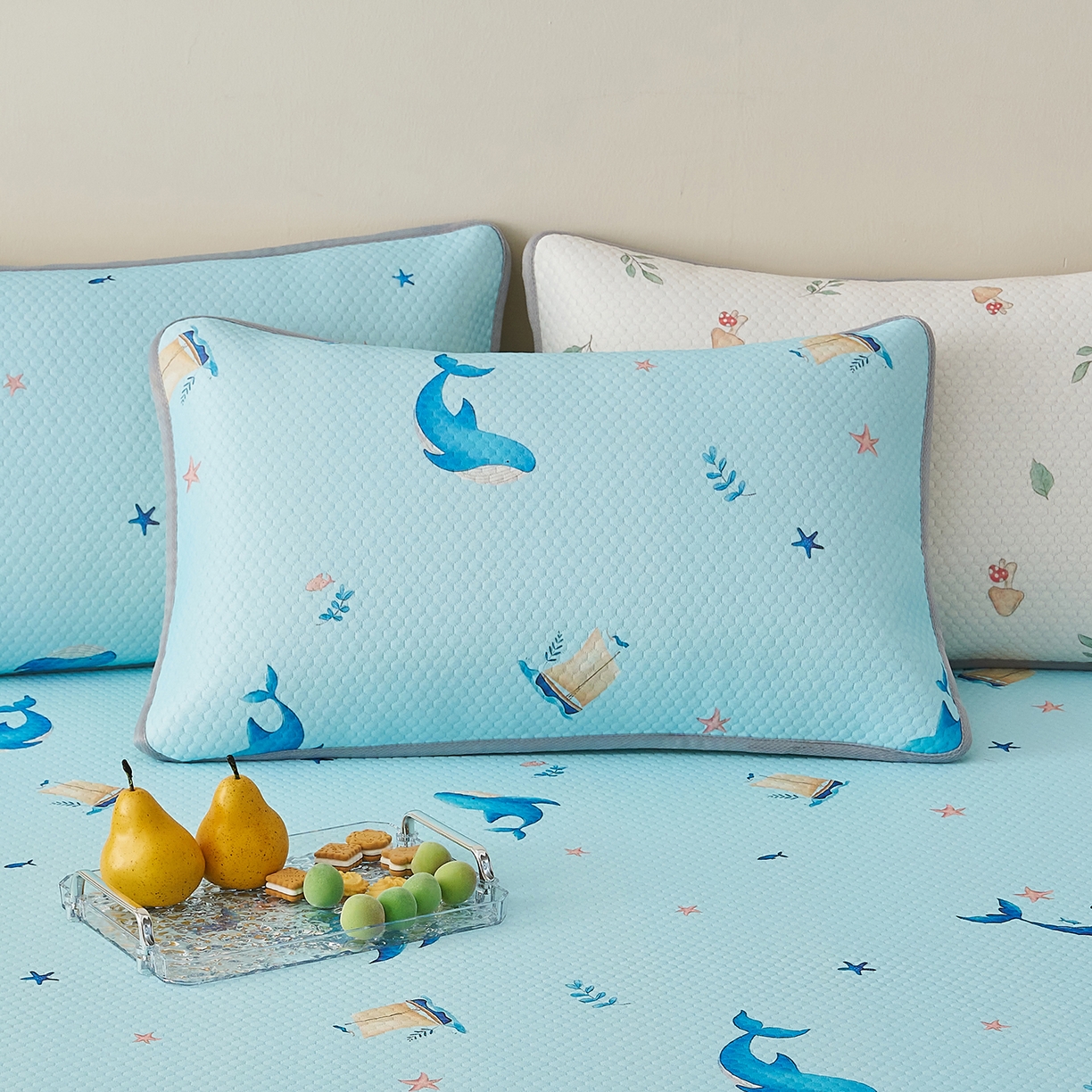 91家纺网 家纺一手货源 找家纺 奇丝雅 2026新款夏季A类卡通印花冰豆豆冰丝凉席枕套凉感家用可机洗单人学生宿舍48×74cm一只一对 海洋世界