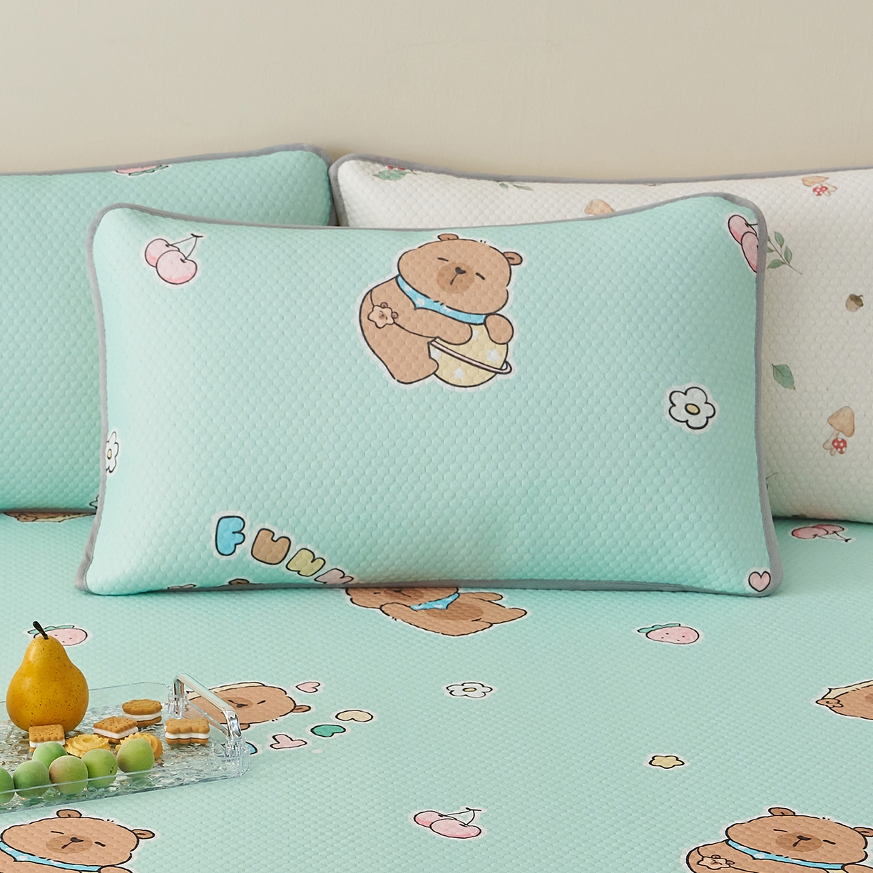 91家纺网 家纺一手货源 找家纺 奇丝雅 2026新款夏季A类卡通印花冰豆豆冰丝凉席枕套凉感家用可机洗单人学生宿舍48×74cm一只一对 卡皮巴拉