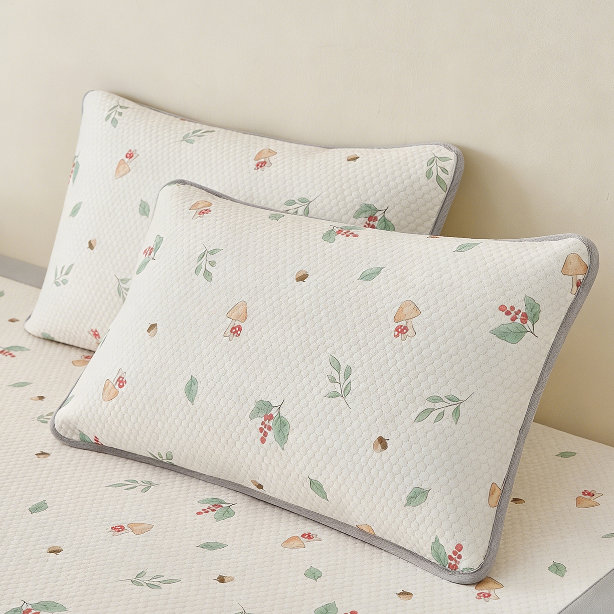 91家纺网 家纺一手货源 找家纺 奇丝雅 2026新款夏季A类卡通印花冰豆豆冰丝凉席枕套凉感家用可机洗单人学生宿舍48×74cm一只一对 蘑菇乐园