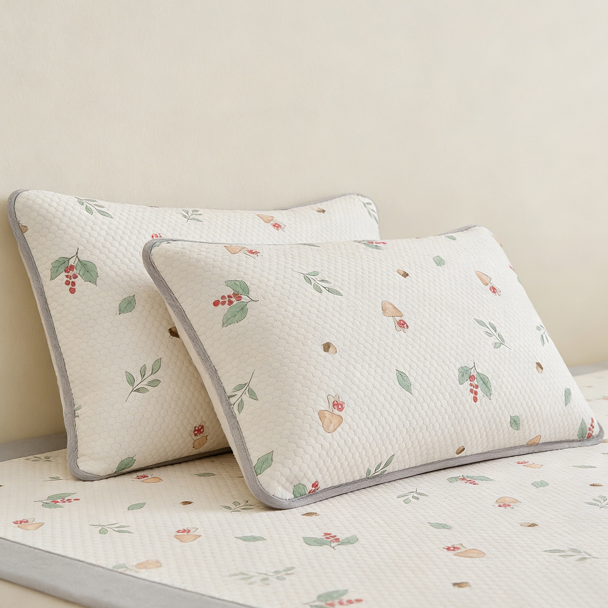 91家纺网 家纺一手货源 找家纺 奇丝雅 2026新款夏季A类卡通印花冰豆豆冰丝凉席枕套凉感家用可机洗单人学生宿舍48×74cm一只一对 蘑菇乐园