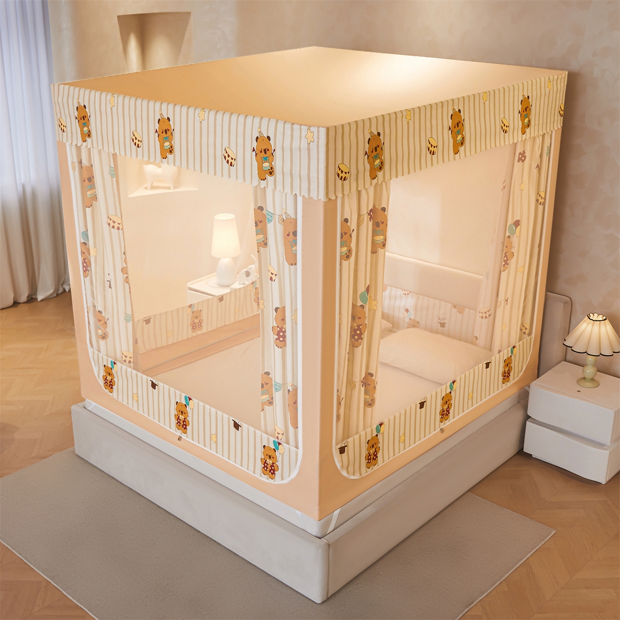 91家纺网 家纺一手货源 找家纺 迪凡保罗蚊帐 2026新款2606专版卡通回底全底AB版遮光帘坐床蚊帐 卡皮熊-无床帘