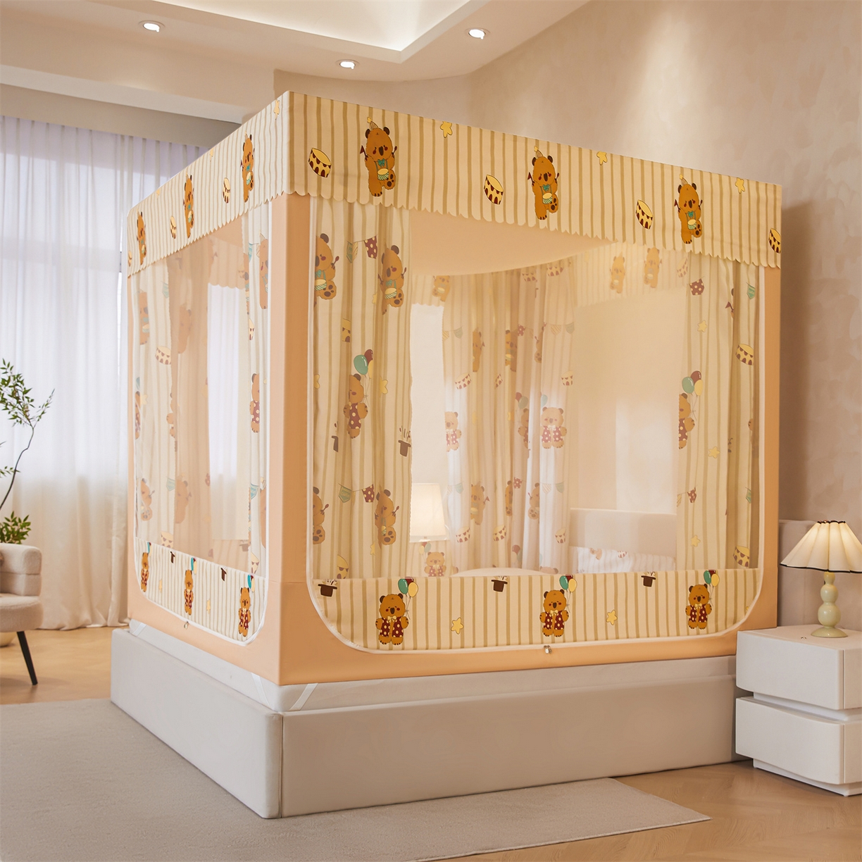 91家纺网 家纺一手货源 找家纺 迪凡保罗蚊帐 2026新款2606专版卡通回底全底AB版遮光帘坐床蚊帐 卡皮熊-无床帘