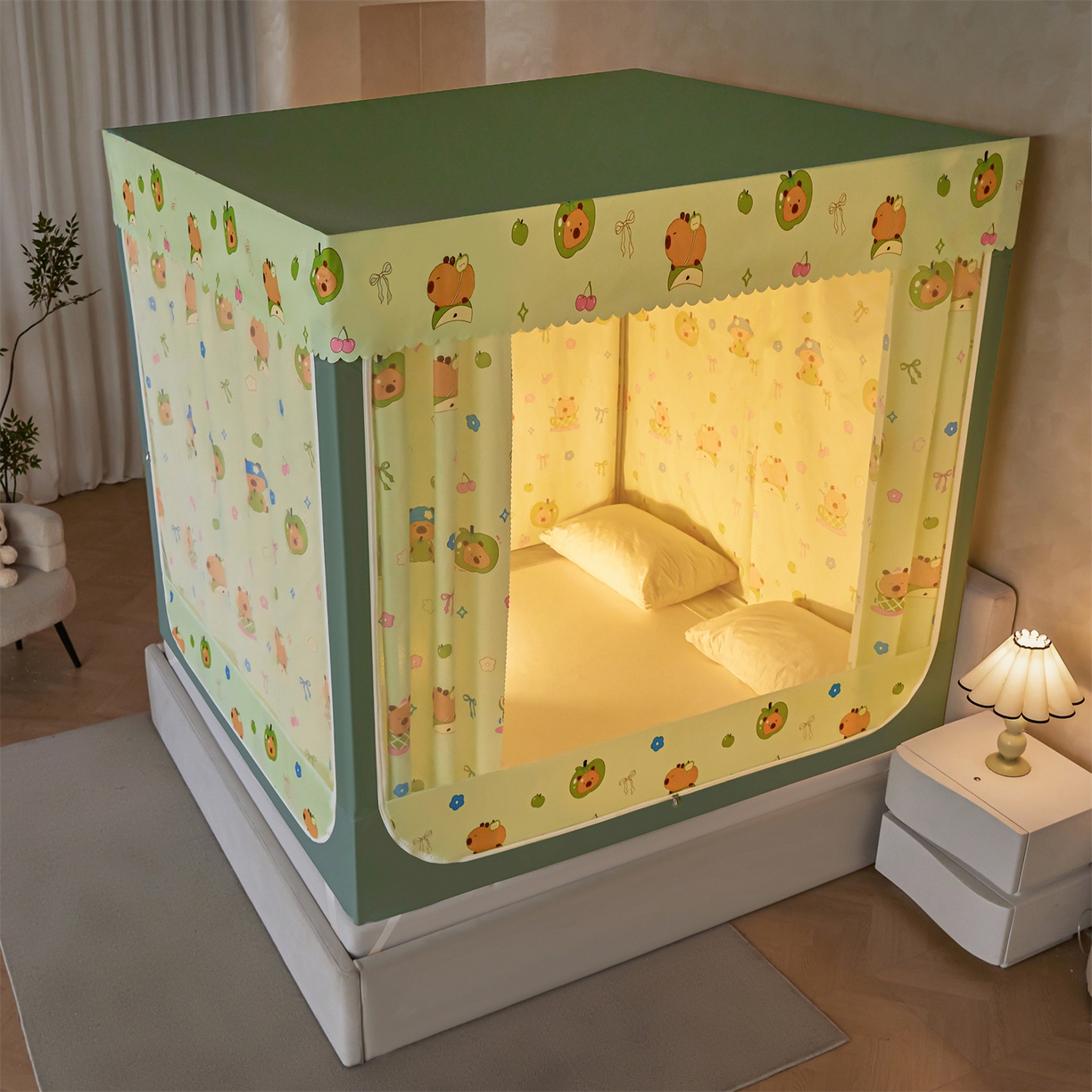 91家纺网 家纺一手货源 找家纺 迪凡保罗蚊帐 2026新款2606专版卡通回底全底AB版遮光帘坐床蚊帐 青苹果乐园-无床帘