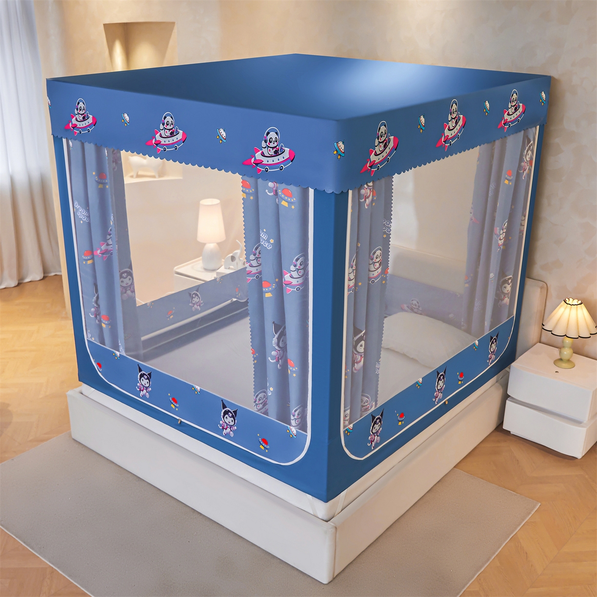 91家纺网 家纺一手货源 找家纺 迪凡保罗蚊帐 2026新款2606专版卡通回底全底AB版遮光帘坐床蚊帐 遨游太空-无床帘