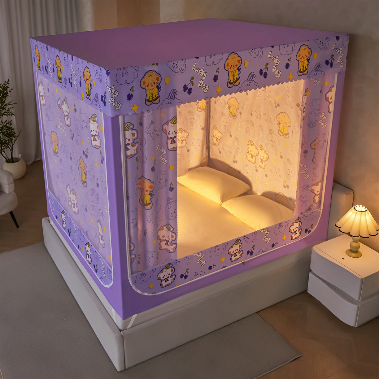 91家纺网 家纺一手货源 找家纺 迪凡保罗蚊帐 2026新款2606专版卡通回底全底AB版遮光帘坐床蚊帐 萌萌狗-无床帘