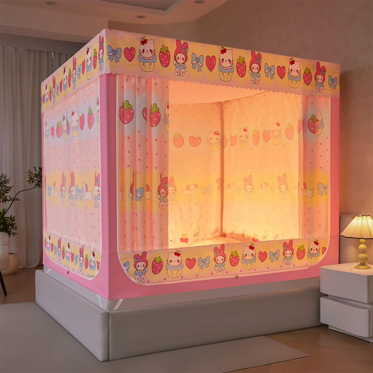 91家纺网 家纺一手货源 找家纺 迪凡保罗蚊帐 2026新款2606专版卡通回底全底AB版遮光帘坐床蚊帐 爱心蛋糕-无床帘