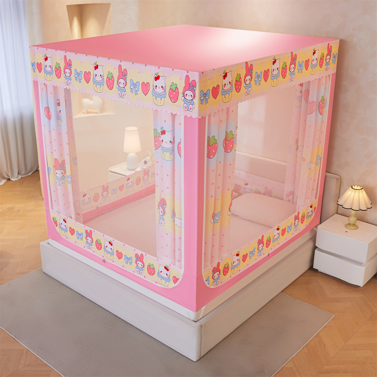 91家纺网 家纺一手货源 找家纺 迪凡保罗蚊帐 2026新款2606专版卡通回底全底AB版遮光帘坐床蚊帐 爱心蛋糕-无床帘