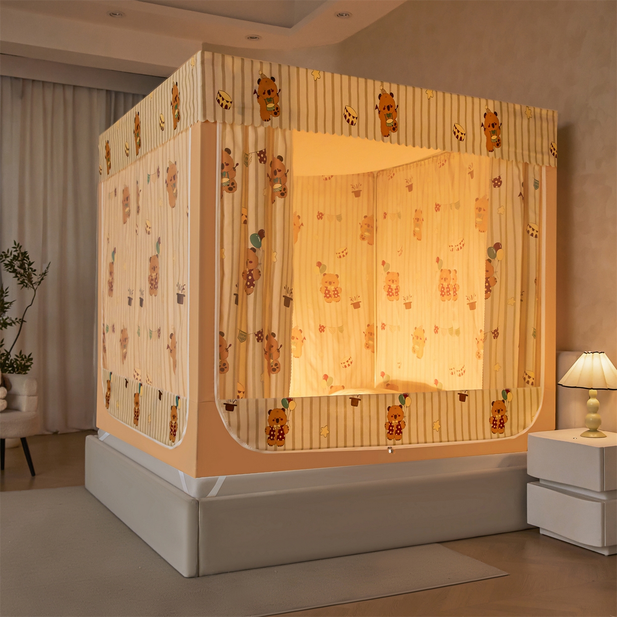 91家纺网 家纺一手货源 找家纺 迪凡保罗蚊帐 2026新款2606专版卡通回底全底AB版遮光帘坐床蚊帐 卡皮熊-无床帘