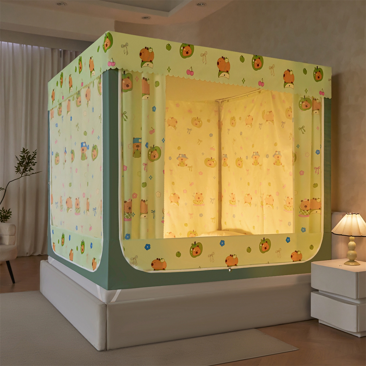 91家纺网 家纺一手货源 找家纺 迪凡保罗蚊帐 2026新款2606专版卡通回底全底AB版遮光帘坐床蚊帐 青苹果乐园-无床帘