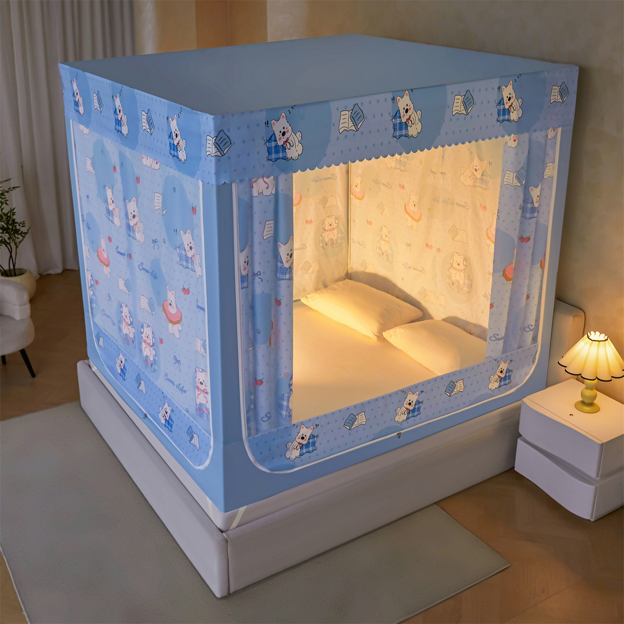 91家纺网 家纺一手货源 找家纺 迪凡保罗蚊帐 2026新款2606专版卡通回底全底AB版遮光帘坐床蚊帐 小狗派对-无床帘