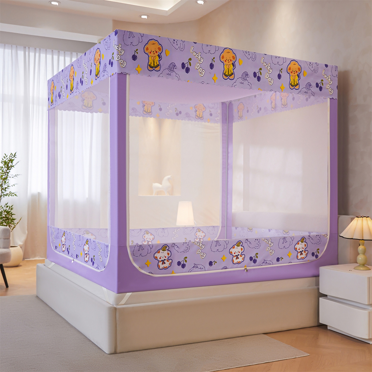 91家纺网 家纺一手货源 找家纺 迪凡保罗蚊帐 2026新款2606专版卡通回底全底AB版遮光帘坐床蚊帐 萌萌狗-带床帘