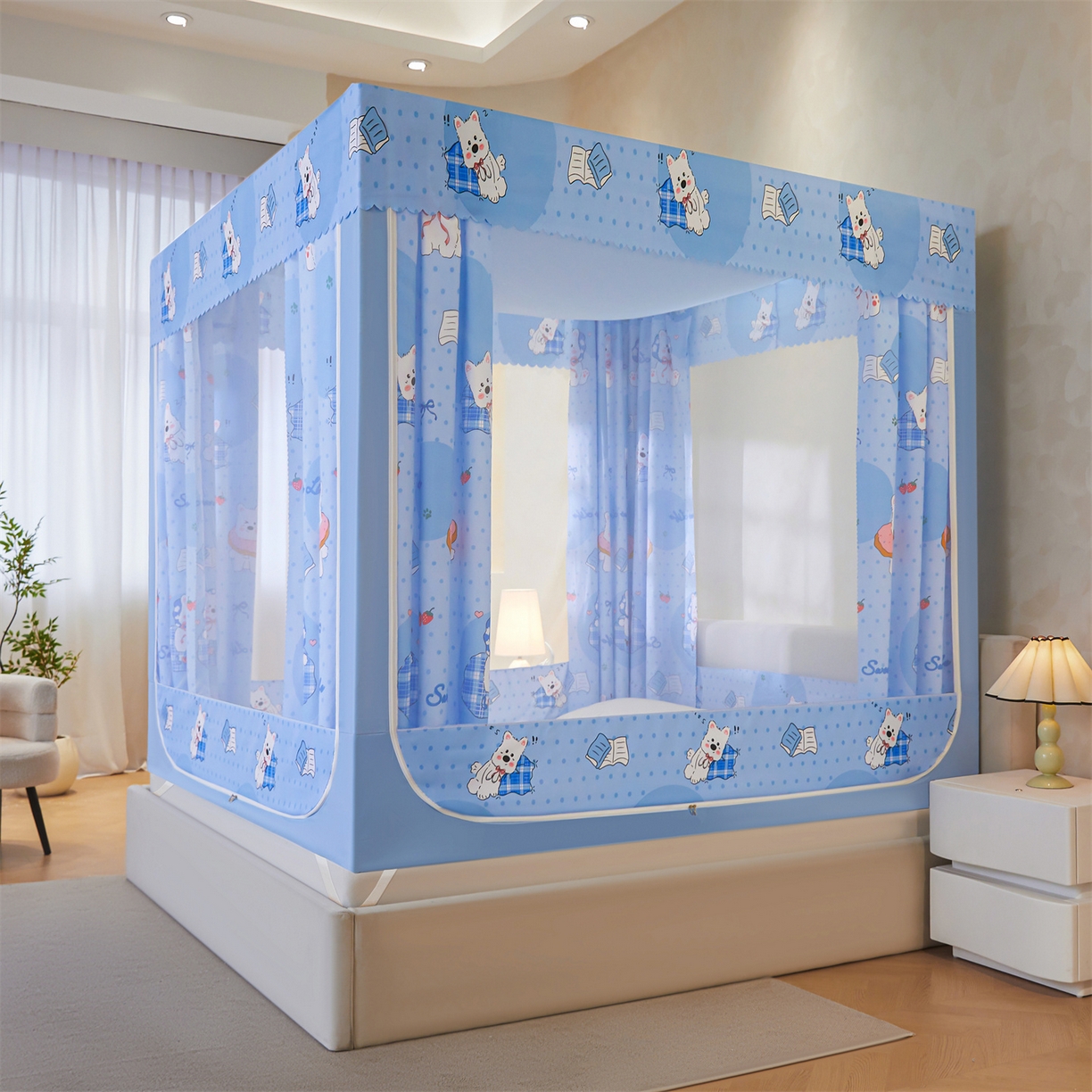 91家纺网 家纺一手货源 找家纺 迪凡保罗蚊帐 2026新款2606专版卡通回底全底AB版遮光帘坐床蚊帐 小狗派对-无床帘