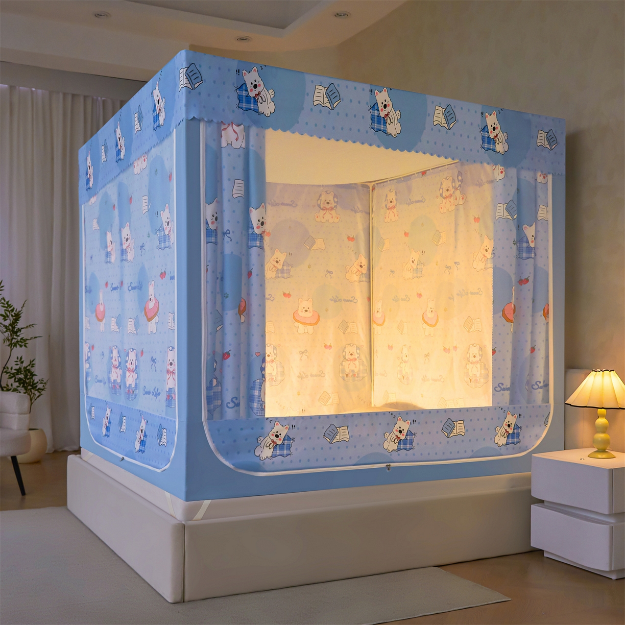 91家纺网 家纺一手货源 找家纺 迪凡保罗蚊帐 2026新款2606专版卡通回底全底AB版遮光帘坐床蚊帐 小狗派对-无床帘